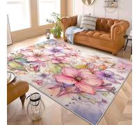 Alfombra de Interior de 120x170 cm PatróN Floral de Acuarela Suave y Cómoda, Alfombra de Pelo Corto Rosa Base Antideslizante Ideal para Salones, Dormitorios y Pasillos