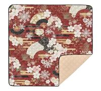 Alfombra de juego grande y resistente con diseño floral rojo y abanico, para interiores y exteriores, cómoda alfombrilla de gateo, para bebés y niños pequeños, 50 x 50 pulgadas