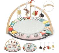 Alfombra de juego para bebés, gimnasio de madera para bebés con 6 zonas de desarrollo, tapetes plegables para jugar en el suelo, tapetes de juego y gimnasios de piso con 7 juguetes sensoriales