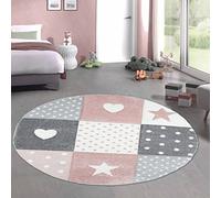 Alfombra de juego para niños alfombra bebé alfombra niña con corazón estrella rosa crema gris Größe 120 cm Rund