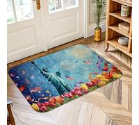 Alfombra de la estatua de área, patriótica festiva tulipanes fuegos artificiales, día de la independencia, azul, antideslizante, resistente a la decoloración, baño, lavandería, cocina, entrada