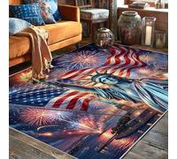 Alfombra de la Estatua de la Libertad, diseño patriótico de la bandera de Estados Unidos, fuegos artificiales, día de la independencia, alfombra rectangular roja de pelo bajo, no se desprende, para