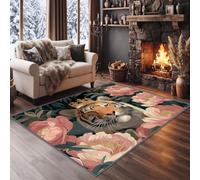 Alfombra de lujo con diseño de animales para salón, 120 x 170 cm, diseño de peonía, tigre, corona, lavable a máquina, para dormitorio, dormitorio, suave, antideslizante, alfombra clásica para comedor