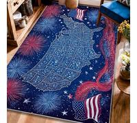 Alfombra de mapa, banderas patrióticas de fuegos artificiales para el Día de la Independencia, color azul marino, con respaldo antideslizante, alfombras con patrón de interiores que no se desprenden