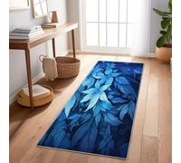 Alfombra de pasillo 60 x 120 cm, antideslizante, minimalista oscuro, hojas botánicas, lavable a máquina, pelo Ras de decoración, alfombra - azul descenso de cama, dormitorio adulto, alfombra de