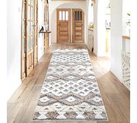 Alfombra de pasillo - 80 x 300 cm - pelo largo escandinavo - étnico pastel crema Multi - Moderno patrón de rombos - mullida - Alfombra para salón dormitorio decoración