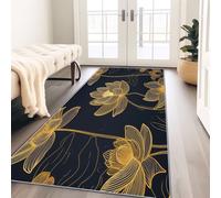 Alfombra de pasillo antideslizante 50 x 150 cm, lavable suave negro y oro cerda entrada interior oriental dibujado a mano flor loto patrón alfombra para pasaje dormitorio cocina lavadero