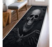 Alfombra de pasillo con diseño de calavera, alas góticas, murciélagos, Halloween, color negro, pelo bajo, para interiores, no se desprende, para cocina, entrada, lavandería, pasillo, decoración de 2 x
