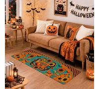 Alfombra de pasillo de calabazas, diseño de murciélago de girasol para Halloween, naranja, de pelo bajo, suave, rectangular, resistente a las manchas, para cocina, puerta, entrada, mesita de noche