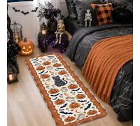 Alfombra de pasillo de calabazas, festiva y juguetona murciélago fantasma, Halloween, naranja, alfombra de esponja de pelo bajo, resistente a la decoloración, estética para el hogar, cocina, entrada