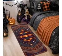 Alfombra de pasillo de calabazas, patrones festivos de calaveras de Halloween, violeta, de pelo bajo, esponja, para interiores, no se desprenden, para cocina, entrada, lavandería, pasillo, decoración