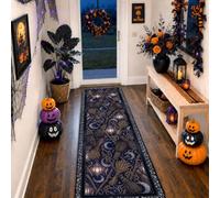 Alfombra de pasillo de calaveras, calabazas espeluznantes de Halloween, color azul marino, antideslizante, resistente a la decoloración, estética para el hogar, cocina, pasillo, lavandería, entrada
