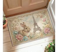 Alfombra de pasillo de conejo, vintage, romántica, flores de la torre de París, primavera, pastel, pelo bajo, alfombra para interiores, no se desprende, para cocina, entrada, mesita de noche, pasillo