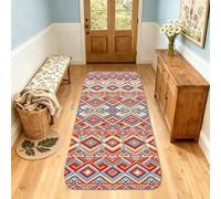 Alfombra de pasillo de diamante, moderna, bohemia, con patrón de zigzag, líneas de verano, rojo, de pelo bajo, esponjas, para interiores, no se desprenden, para cocina, entrada, mesita de noche