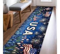 Alfombra de pasillo de Estados Unidos, banderas patrióticas festivas, fuegos artificiales, día de la independencia, azul, de pelo bajo, estética, rectangular, alfombra para el hogar, cocina, entrada
