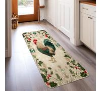 Alfombra de pasillo de gallo, adornos de Navidad rústica de acebo, color rojo, esponja de pelo bajo, alfombra rectangular para cocina, baño, entrada, decoración de mesita de noche, 2 x 5 pies