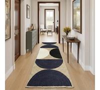 Alfombra de pasillo de la colección de fibra natural de 0,8 x 5,5 m, hecha a mano, de yute natural, grosor de 0,7 cm, diseño geométrico de media luna, azul oscuro y blanco, para pasillo, cocina