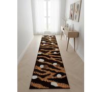 Alfombra de pasillo de polipropileno de 70 x 290 cm de alto, color marrón y beige, con diseño moderno de arcos guijarros y ondas blancas, base antideslizante (ondas)