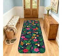 Alfombra de pasillo de tucán, diseño tropical de hojas de flores, color verde, pelo bajo, borde de esponja, alfombra rectangular para cocina, mesita de noche, entrada, pasillo, decoración de 2 x 3