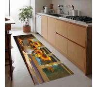 Alfombra de Pasillo Largo Lavable Cocina 60 x 180 cm - Alfombra Suave a Pelo Corto Antideslizante Pintura Al Óleo Naturaleza Flores Girasol para Estrecha Cocina Entrada Salón, Naranja-Amarillo