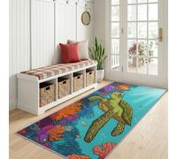Alfombra de pasillo lavable 80 x 240 cm Arte costero, dibujos animados peces tortuga de mar arrecife de coral alfombra de paso de cocina - azul oscuro moqueta suave descenso de cama antideslizante