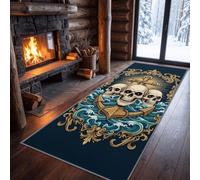 Alfombra de pasillo náutica vintage 60 x 180 cm, lavable, gótico oscuro, cabeza muerta, ancla tótem, alfombra de pasillo suave, azul oscuro, pasaje para entrada de cocina, dormitorio