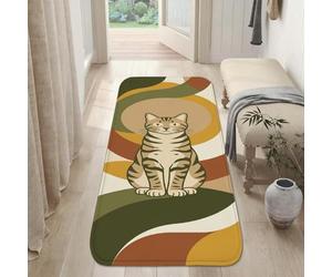 Alfombra de pasillo para gatos, moderna, minimalista, curvas, círculos, otoño, verde, alfombra de esponja de pelo bajo, resistente a la decoloración, estética para el hogar, cocina, lavandería, puerta