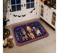 Alfombra de pasillo para perro, sombrero de bruja juguetón, alas de ángel, Halloween, violeta, pelo bajo, esponja, felpudo rectangular con detalles impresos, alfombra para cocina, pasillo, lavandería