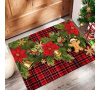 Alfombra de Pelo Corto 40x60cm, Alfombra Entrada Casa Flor Pascua Campanillas Doradas Muérdago Felpudo Cuadros Rojos Antideslizante Lavables en Lavadora para Habitacion BañO Cocina Exterior, Rojo