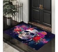 Alfombra de Pelo Corto, 45 x 75 cm, Felpudo Cuerpos Celestes Universo, Felpudo Decorativo con Diseño de Calavera Cielo Estrellado, para Entrada de la Puerta de Casa, Antideslizante, Plegable, Azul