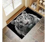 Alfombra de Pelo Corto, 50 x 70 cm, Felpudo Fauna, Felpudo Decorativo con Diseño de Tigre Blanco, para Entrada de la Puerta de Casa, Antideslizante, Plegable, Negro