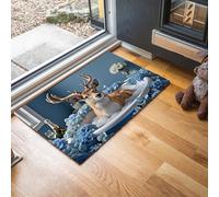 Alfombra De Pelo Corto,80 X 120 Cm, Felpudo Ilustraciones Animales Ensueño,Patrones Ciervos Flores Para Bañera, Para Entrada De La Puerta De Casa, Antideslizante, Plegable, Para Salón,Azul Claro