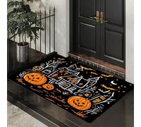 Alfombra de Pelo Corto, 90 x 150 cm, Felpudo Murciélago Calabaza Dibujos Animados, Felpudo Decorativo con Diseño de Gracioso Pueblo, para Entrada de la Puerta de Casa, Antideslizante, Plegable, Negro