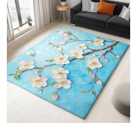 Alfombra de pelo corto azul claro, 60 x 90 cm, no desprende pelusa, lavable a máquina, resistente a las manchas, para sala de estar, antideslizante, diseño floral abstracto de almendros para