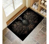 Alfombra de Pelo Corto Interior 40 x 60 cm, Alfombra Entrada Casa Lujo Flores Animales, Felpudo Elegante Simétrico Pavo Real Antideslizante Lavables en Lavadora para Habitacion BañO Cocina Negro