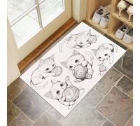 Alfombra de Pelo Corto Interior 80 x 120 cm, Alfombra Entrada Casa Abstracto Animal, Felpudo Gato Jugando Con Una Bola Hilo Antideslizante Lavables en Lavadora para Habitacion BañO Cocina Blanco