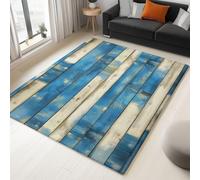 Alfombra de pelo corto, lana sintética suave, antideslizante, lavable, mullida, para dormitorio, estilo vintage, antigua, tabla de madera, textura, para entrada, estudio, color azul, 80 x 150 cm