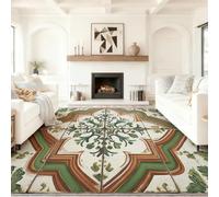 Alfombra de Pelo Corto Lavable a Máquina, Diseño Estampado Vintage Art Déco Azulejos Floral, Antideslizante, Suave y Resistente, para Salón Dormitorio y Pasillo (60 x 120 cm, Verde)