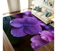 Alfombra de pelo corto para niño, niña, suave, antideslizante, con flores moradas, gotas de agua, lavable, para sofá, salón, dormitorio, sala de juegos, naturaleza, 140 x 200 cm