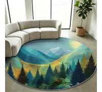 Alfombra de pelo corto, redonda, 180 cm, color verde, abeto y bosque | Alfombra redonda lavable para salón, antideslizante, paisaje nórdico, para dormitorio, fácil de limpiar