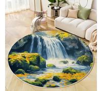 Alfombra de Pelo Corto, Redonda, diámetro de 120cm, Verde, Amarillo y pequeño patrón de, para habitación de los niños, Cascada de Musgo Estilo de Pintura al óleo, pequeña