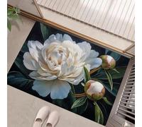 Alfombra de Pintura Al Óleo Flores, 60x120cm Felpudo Entrada Casa Flores Y Capullos Peonía Alfombras de Decoración Lavable Y Antideslizante para el Pasillo, el Salón, el Baño, la Cocina, Verde Oscuro