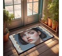 Alfombra de primavera para exteriores, marco vintage, retrato digital de una mujer joven con ojos azules, decoración para dormitorio, puerta delantera, grande, 40 x 60 cm