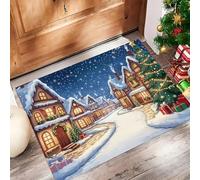 Alfombra de Pueblo Invierno Dibujos Animados, 60x90cm Felpudo Entrada Casa Escena Callejera Un Pueblo Navideño Alfombras de Decoración Y Antideslizante para el Pasillo, el Salón, el Baño, Azul Oscuro