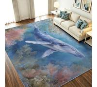 Alfombra de puerta, felpudo, 80 x 150 cm, interior antideslizante, absorbente, fácil de limpiar, suelo submarino, moqueta, animal ballena coral alfombra suave para dormitorio, cocina, pasillo azul