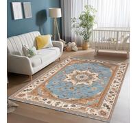 Alfombra de Sala de Estar 140 x 200 cm, Patrón Retro Tradicional Alfombra Grande para Dormitorio de Adultos con Pelo Corto, Lavable y Antideslizante para decoración de Interiores, Azul Claro Marrón