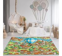 Alfombra de Sala de Estar 140 x 200 cm, Suaves Dibujos Animados Ciudad Globo Aerostático Estampado Alfombras, Lavable Antideslizante Pelo Corto Alfombra Azul Claro Verde, para Dormitorio Comedor