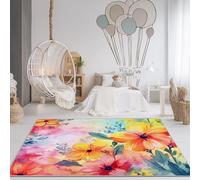 Alfombra de Sala de Estar 80 x 150 cm, Suaves Acuarela Plantas Flores Estampado Alfombras, Lavable Antideslizante Pelo Corto Alfombra Amarillo Rosa, para Dormitorio Comedor Oficina