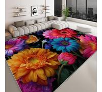 Alfombra de salón 140 x 200 cm, Realista Surrealismo Flores Crisantemos Alfombra Estampada Lavable Antideslizante, Tapete de área Suaves para Sala de Estar o Dormitorio Rojo