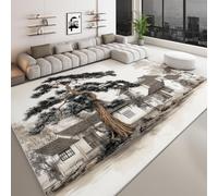 Alfombra de salón 60 x 90 cm, Chino Tradicional Pintura A Tinta Arquitectura Alfombra Estampada Lavable Antideslizante, Tapete de área Suaves para Sala de Estar o Dormitorio Gris Oscuro
